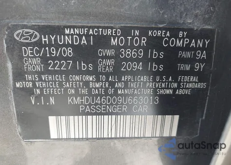 2009 Hyundai Elantra Se from USA, damaged, VIN KMHDU46D09U663013